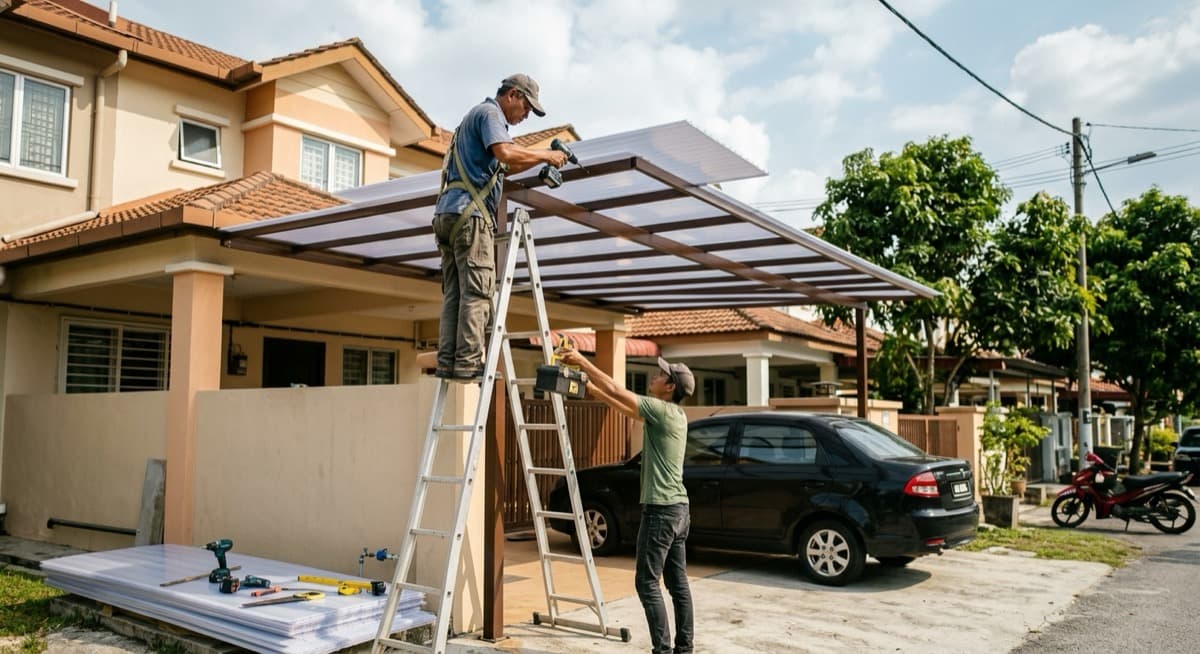 Pekerja sedang memasang kanopi polycarbonate di car porch rumah teres