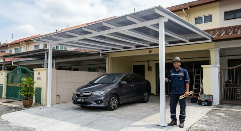 Kanopi kereta siap dipasang di rumah teres