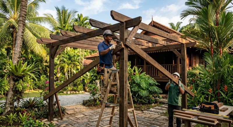 Pergola taman di ruang santai luar rumah