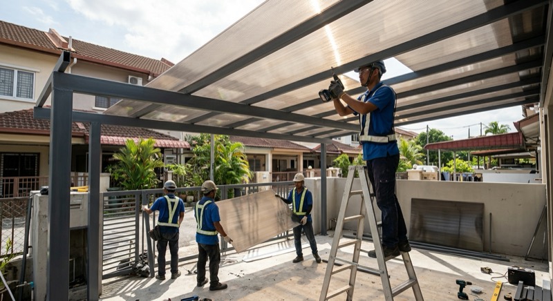 Pemasangan kanopi polycarbonate di teres rumah